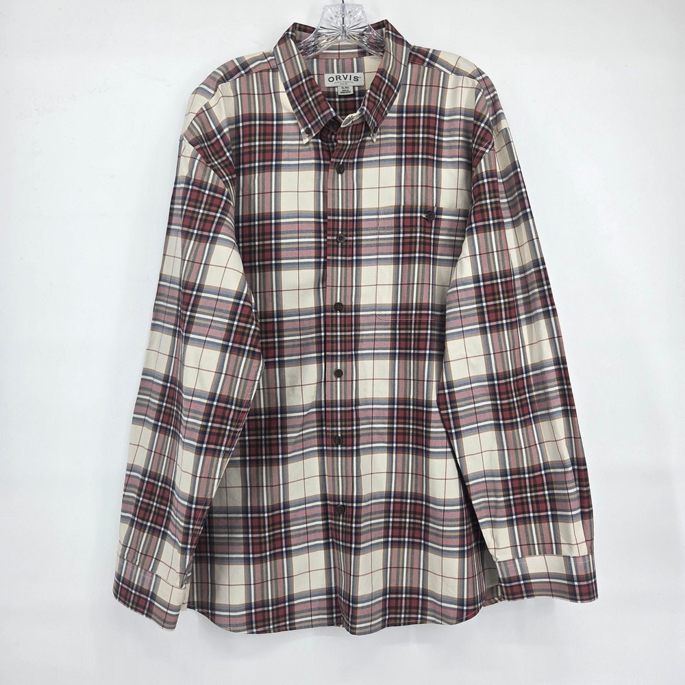 Orvis‎ Button Down Shirt XL Red Tan Plaid Cotton Classic Cabin Gorpcore Rugged